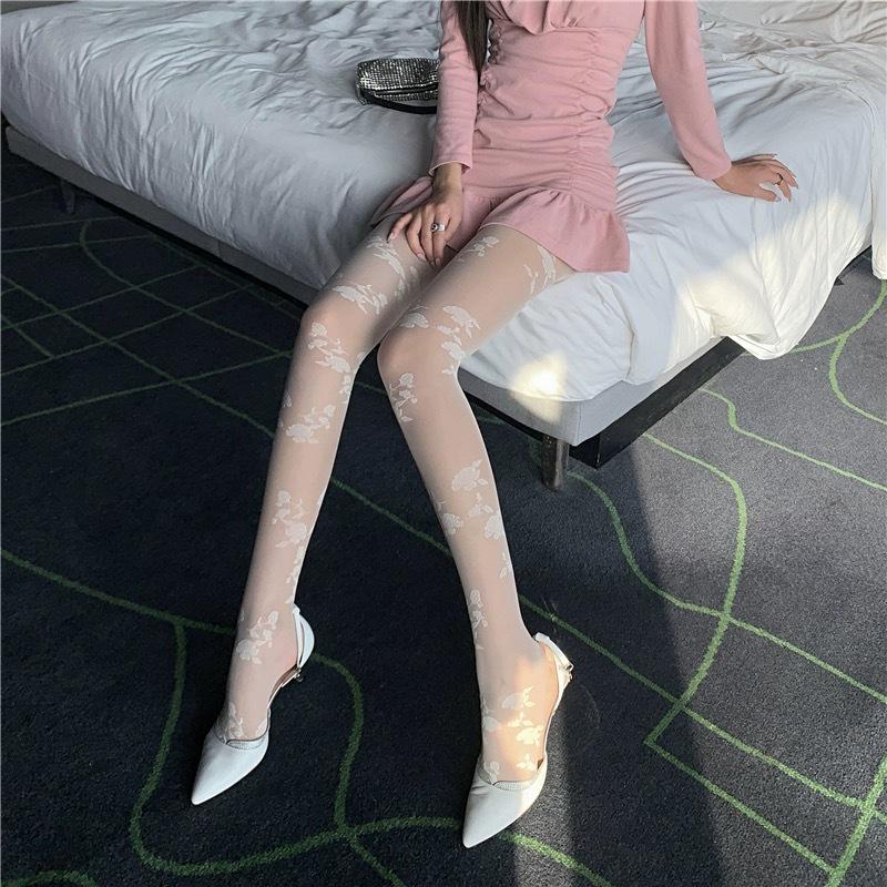 2024 Embroidered Rose Stockings - White Flower Lace Silk Pantyhose for Spring & Autumn
