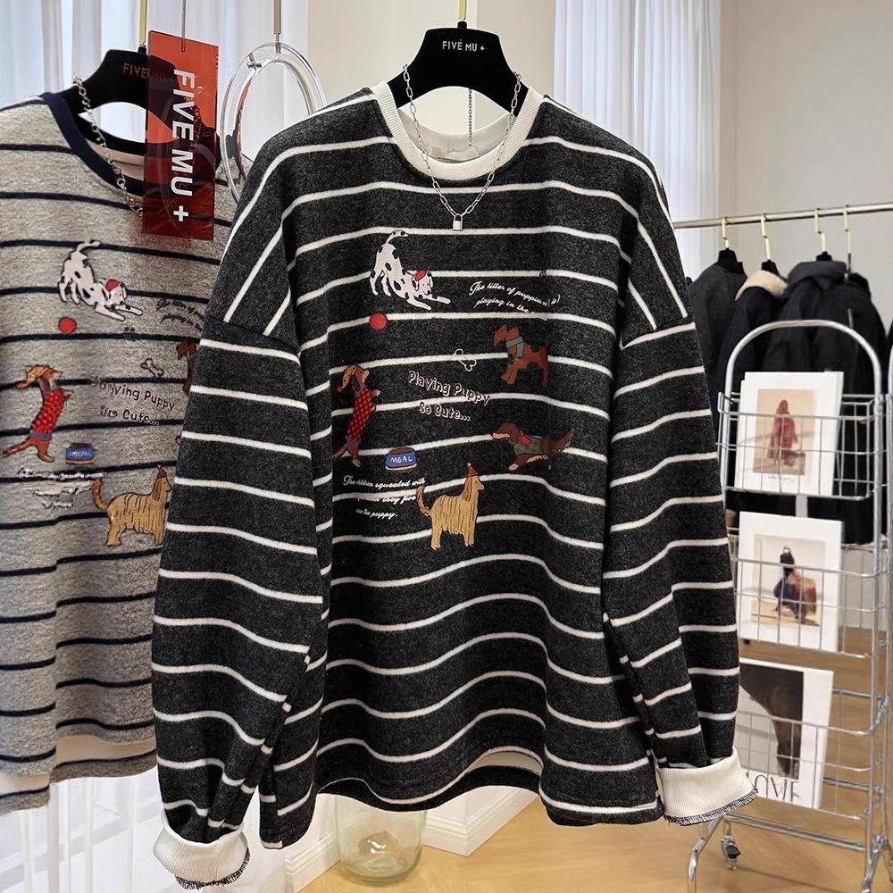 Hanorac Retro Larg cu Dungi și Imprimeu Cartoon din Fleece pentru Toamna și Iarna Femei Nou Palton cu Gât Rotund