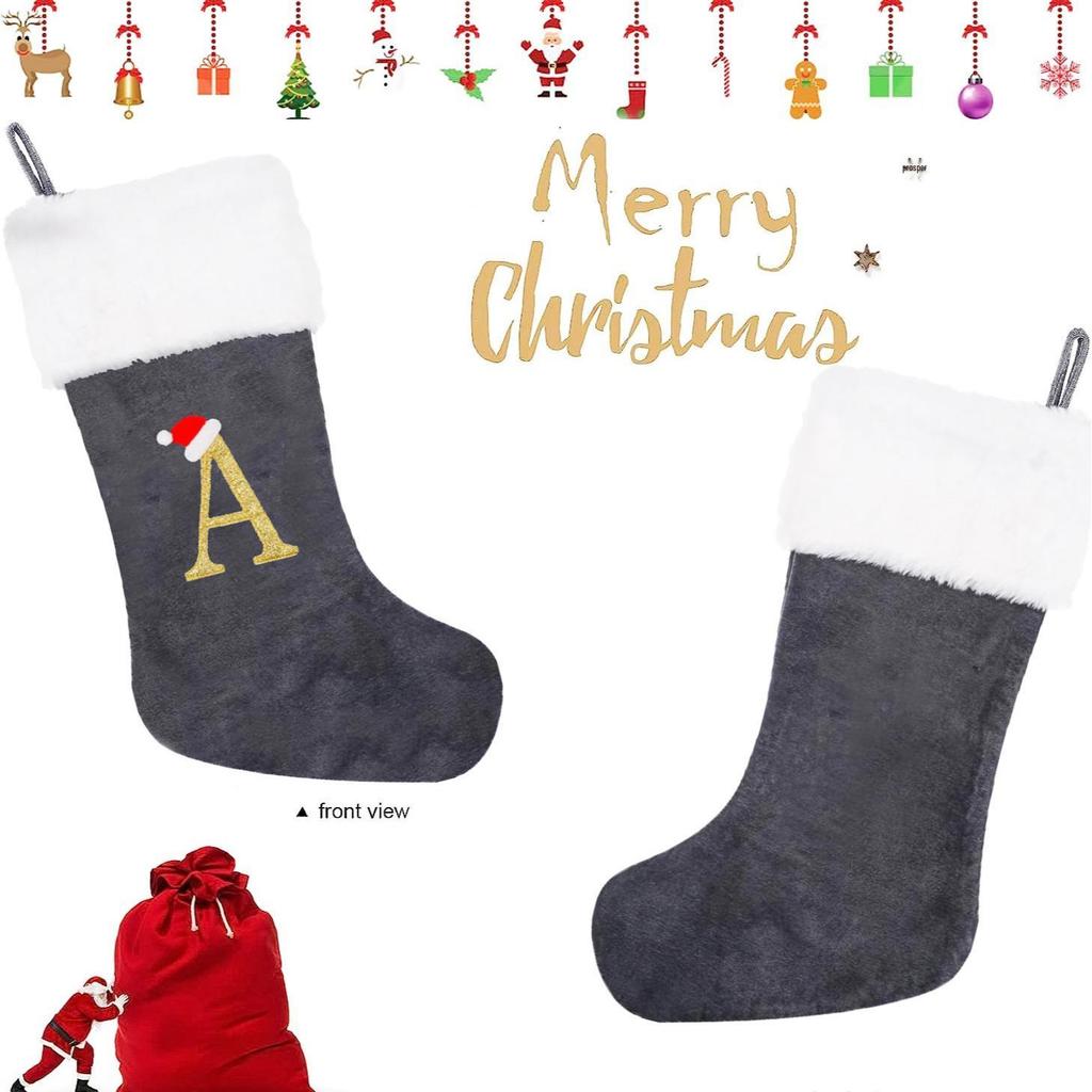 2026 Christmas Decorations: Grey Velvet Embroidery Letter Stocking Gift Bag