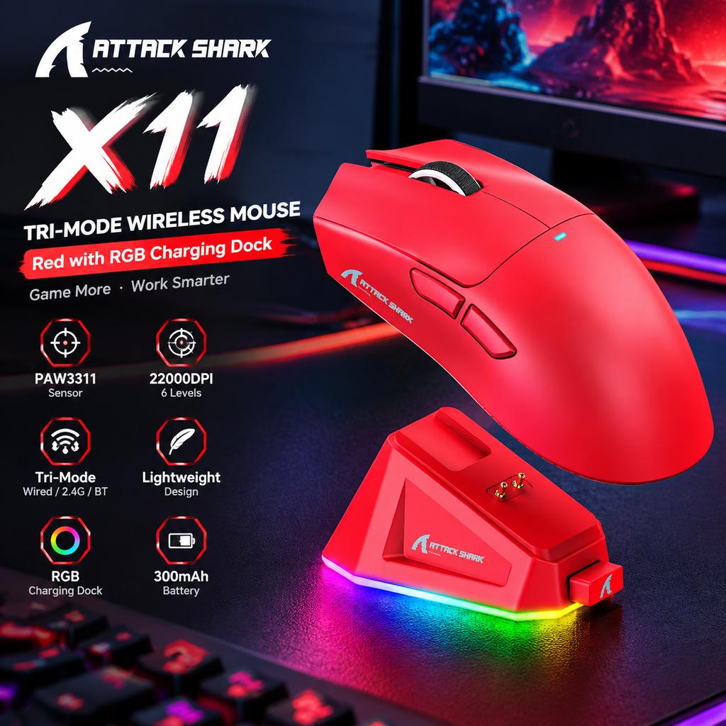 X11 Tri-Mode Wireless Mouse Red with RGB Magnetic Charging Dock, 22000DPI Lightweight