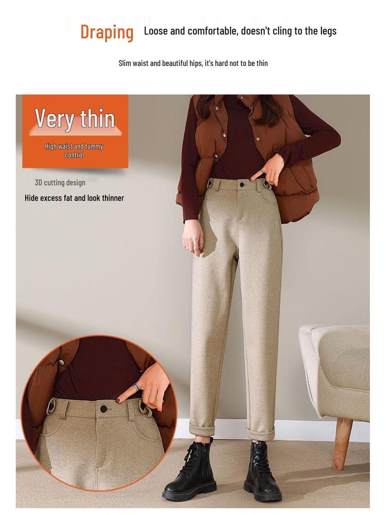 Women's Black Wool Fleece-Lined High Waist Loose Straight-Leg Harem Pants for Autumn and Winter