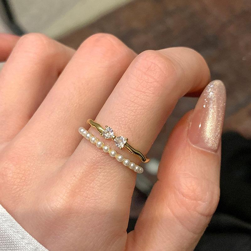 2Pcs Stackable Ring Set Faux Pearl & Rhinestone Twisted Band Open Rings for Women
