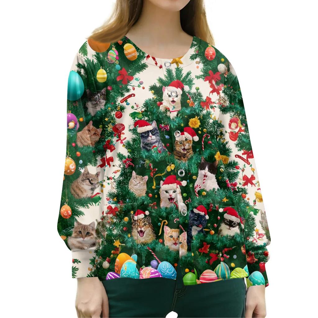 Women's Christmas-printed Casual Long-sleeved Single-breasted Work Uniform Cardigan
