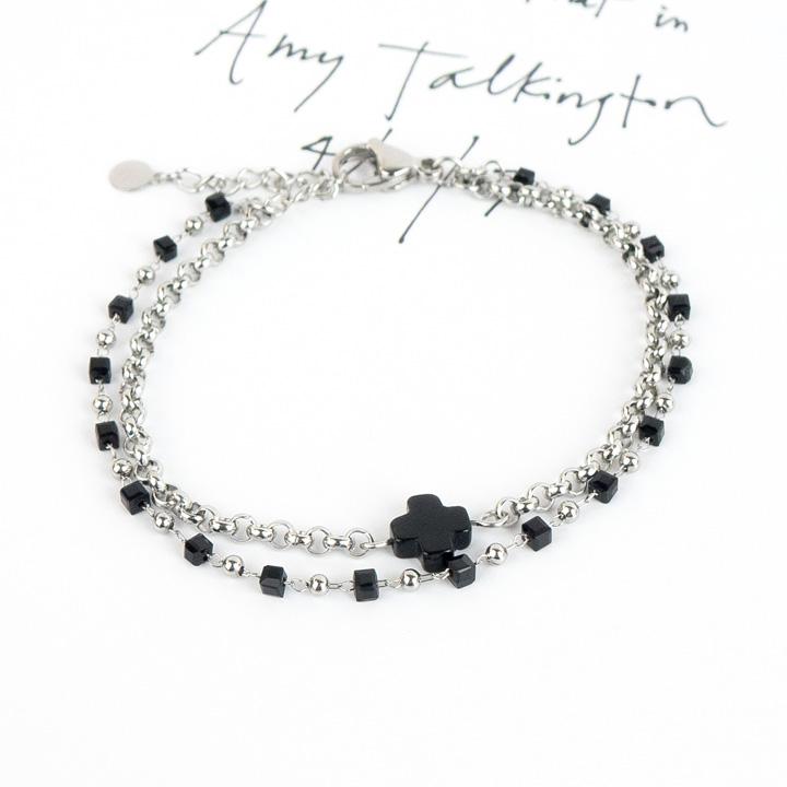 Glory_Arden [Unisex] Onyx Cross & Surgical Chain Mix Bracelet / Ghmb-168