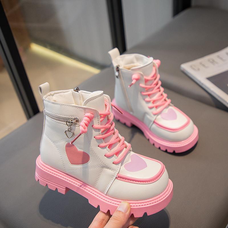 Girls Fashion Boots Kids Rubber Boots Cool Autumn and Winter Cotton Soft Sole Pink with Love Side Zip Children Princess Boots PU