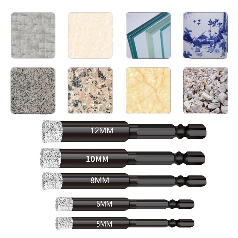 5Pack Diamond Drill Bits Set for Granite Ceramic Marble Tile Stone Glass Hard Materials, Integrated Coolant for Fast Dry