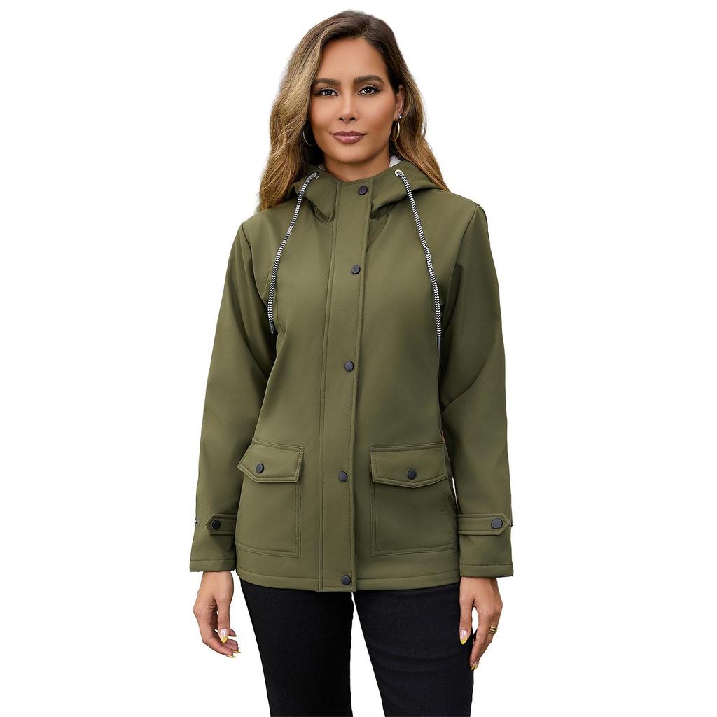 Women’s Trenches Hooded Windbreakers Long Sleeves Fleece Coats Water-resistant Zipper Jackets Autumn Winter Outer Wear
