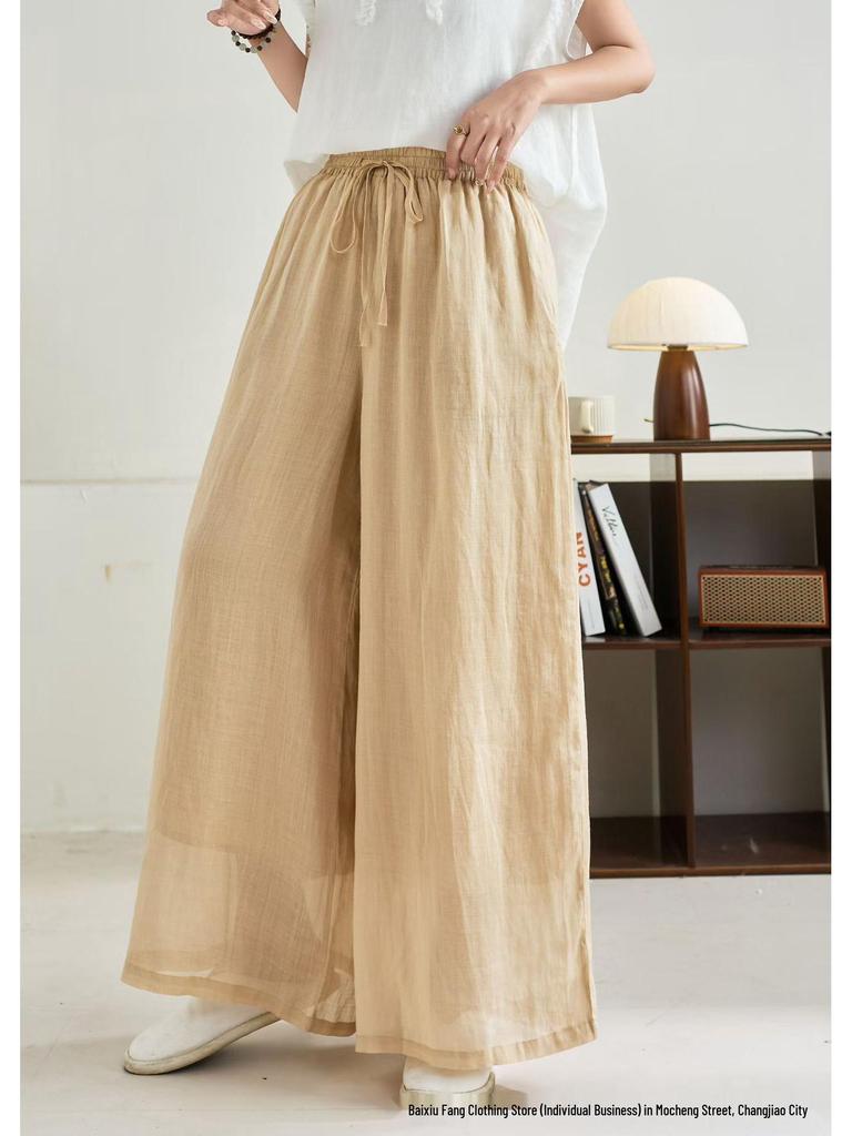 Linen Wide-Leg Pants - Spring 2026: Comfortable, Elastic Waist, Retro Artistic Style, Solid Color, Casual.