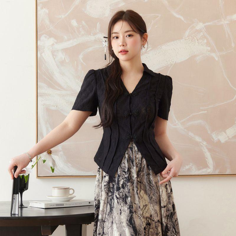 

Lan Yu Plus Size Ladies Ink Painting Print Skirt Plate Buckle Black Tops(Pre-Sale) 2XL([Recommendation 70-80kg])