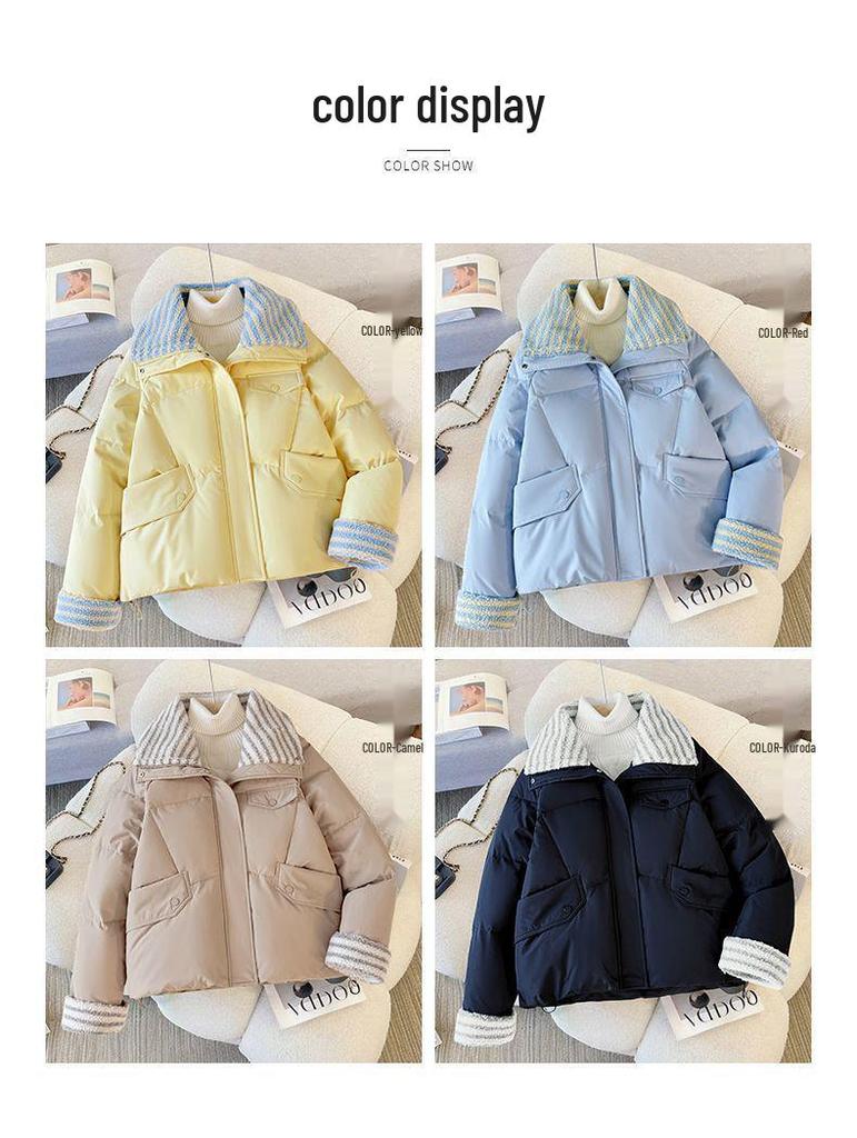 Women's Short Down Cotton Coat: Lamb Wool Loose Winter Jacket, Korean Style Thick Spandex Bread Coat