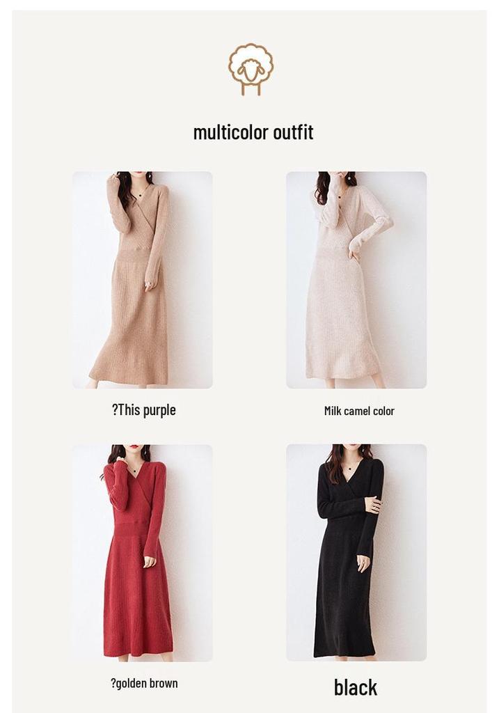 Women's 100% Pure Wool Mid-Length V-Neck Sweater Dress - Long Sleeve, Below Knee, Autumn/Winter Style