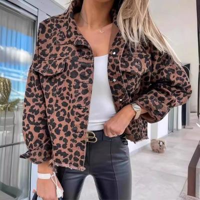 Women's Spring and Autumn Denim Jacket Leopard Print Long Sleeve Short Loose Casual Jacket