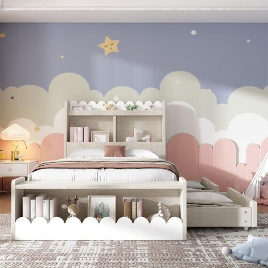 Kids Bed Children Single Storage with Drawers Shelf And Bench Space Wooden Wood 90x200cm Frame Slatted Made of Wood White Oak Color (Without