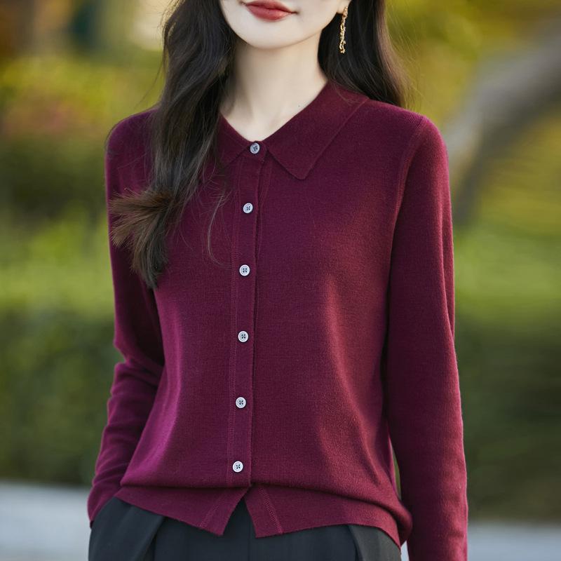 Women's Spring 2025 Lapel Cardigan Sweater - Knitwear Shirt Collar Base Layer or Outerwear Top