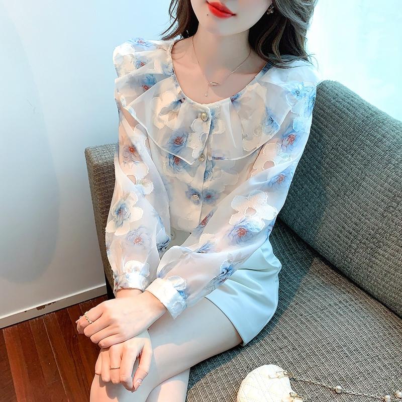 Fashion New 2024 Autumn Long Sleeve O-Neck Casual Ruffles Print Chiffon Blouse Shirt Women Tops Blouses Shirts J562