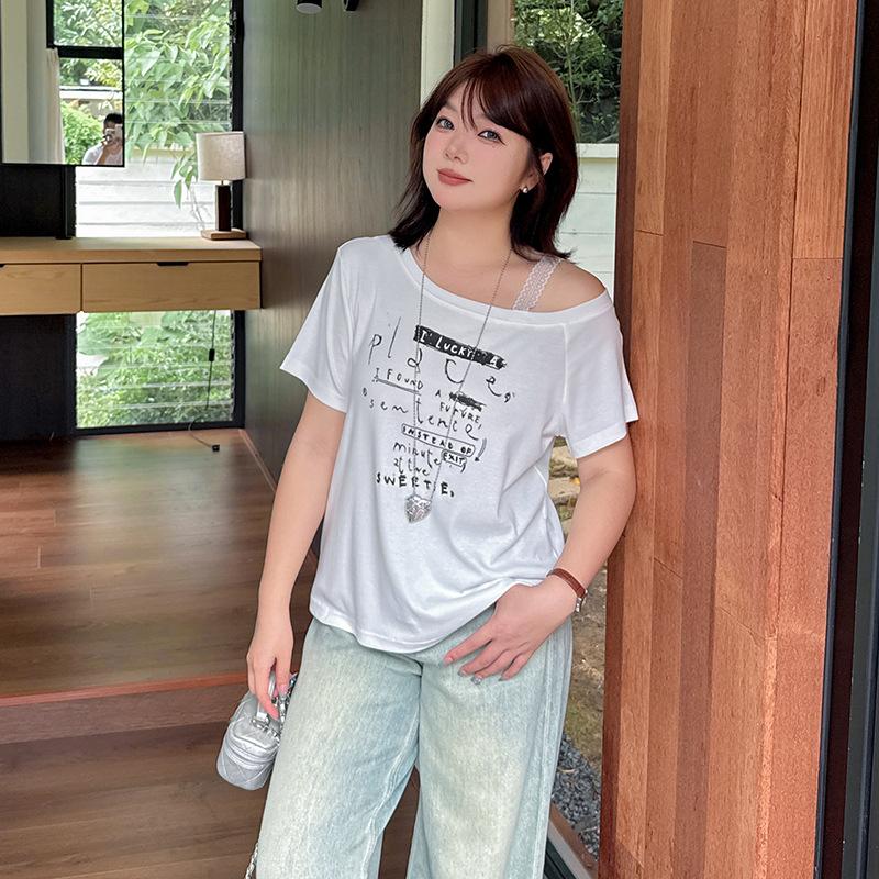 Large size women's street cool style printed T-shirt summer new women's slanted off-shoulder top 262783