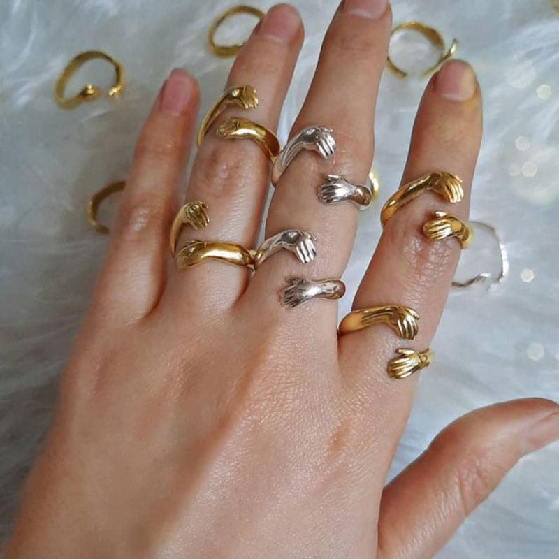 Love Hugging Hand Stackable Rings For Women Men Adjustable Open Cuff Ring Embrace Ring Couple Rings Vintage Punk Zircon Gifts