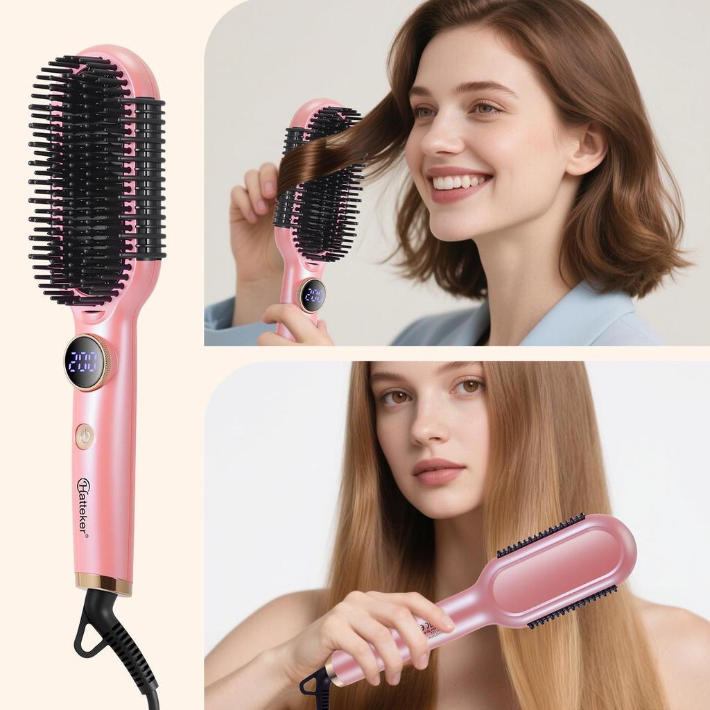 Hatteker Hair Straightener Brush Fast Heating Flat Iron and Hair Brush 2-in-1 Curl Smooth Professional Wider Comb