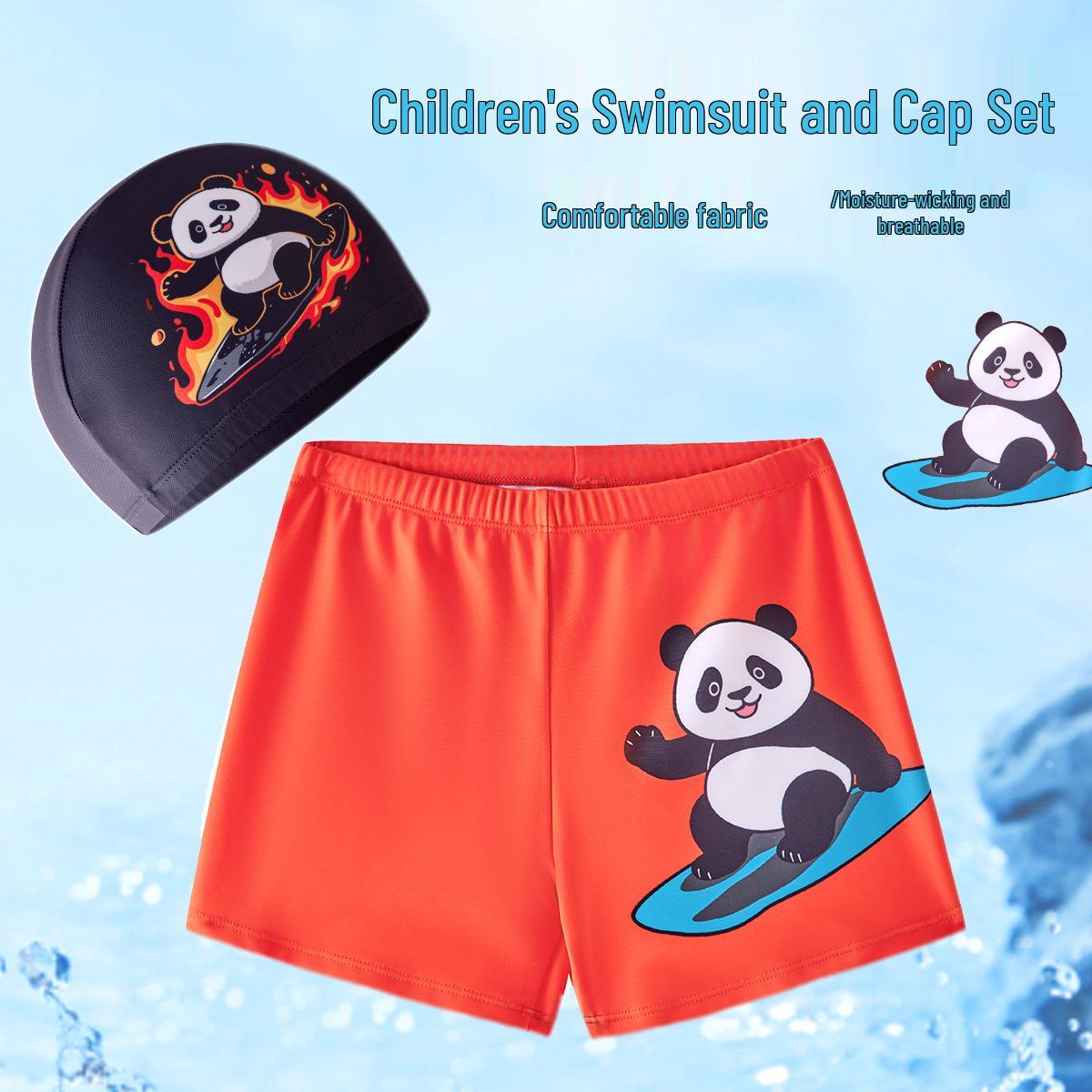 

Children s Panda Swimsuit & Swim Cap Set: Boys Cartoon Print Beach Shorts and Gear 2XL (40-48 jin)