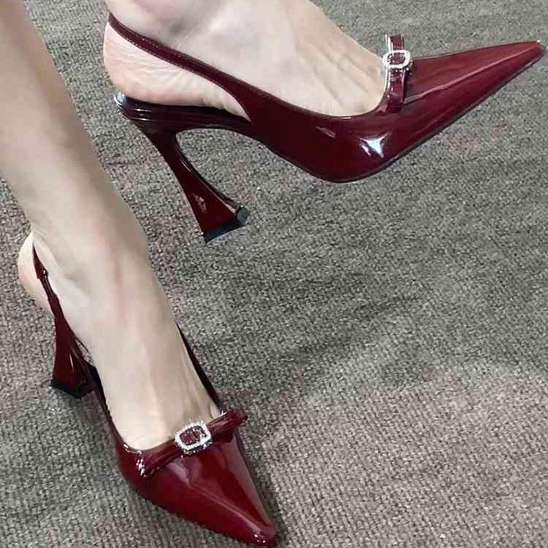 

Винно-красные туфли на высоком каблуке женские 2025 новый стиль стразы бант-бабочка острый носок универсальные сандалии с открытым носком ПУ кожа резина 40