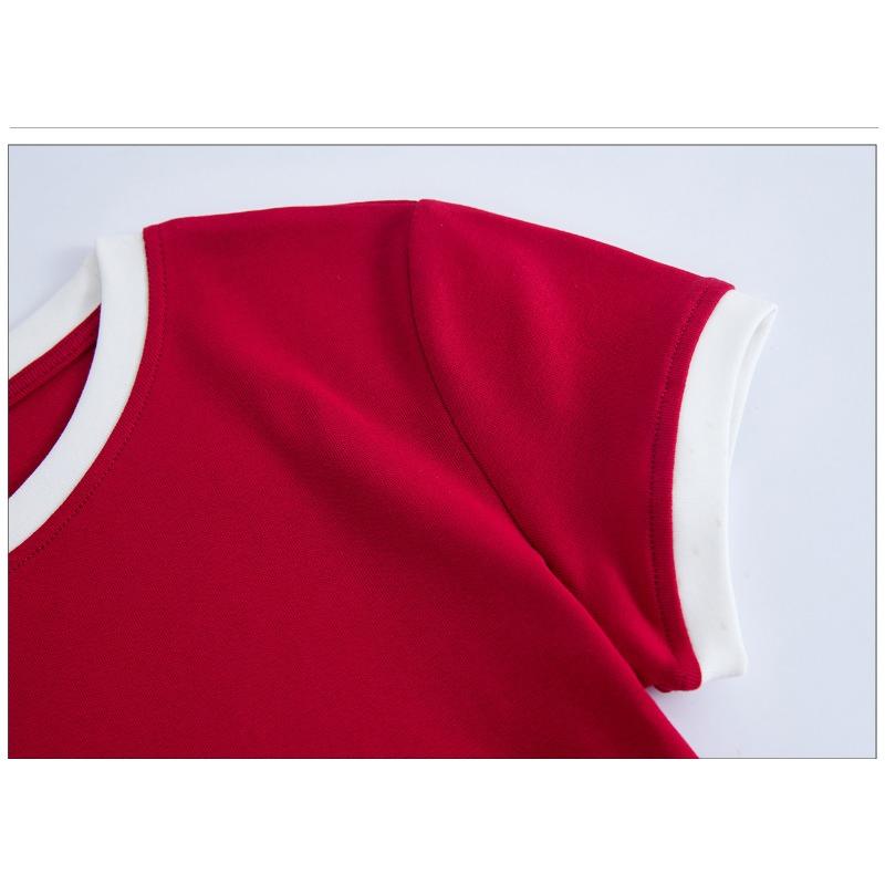 Women's Combed Cotton T-shirt Colour Blocking Short-sleeved Slim and Thin with Round Neck Bottoming Tops