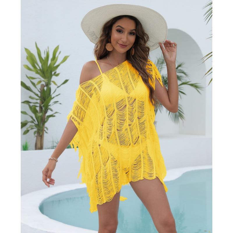 

Летняя женская пляжная накидка размера плюс, рубашка с кисточками на один вырез, нерегулярные ажурные платья, бикини, купальник, пляжный халат One Size