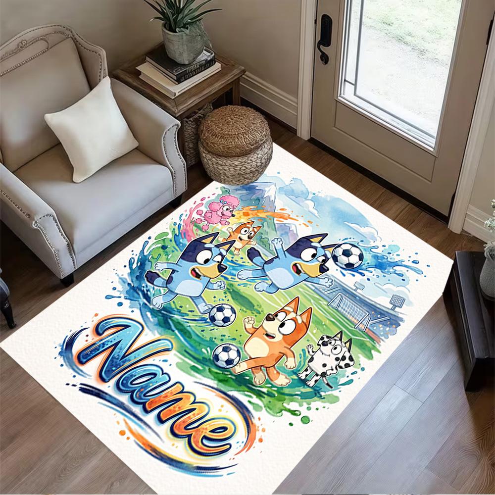 Bluey's Festive Football Fun Customized Name Floor Mat Suitable for Bedrooms Living Rooms Dining Room Decorate Room Antislip Carpet Anime Office Decor