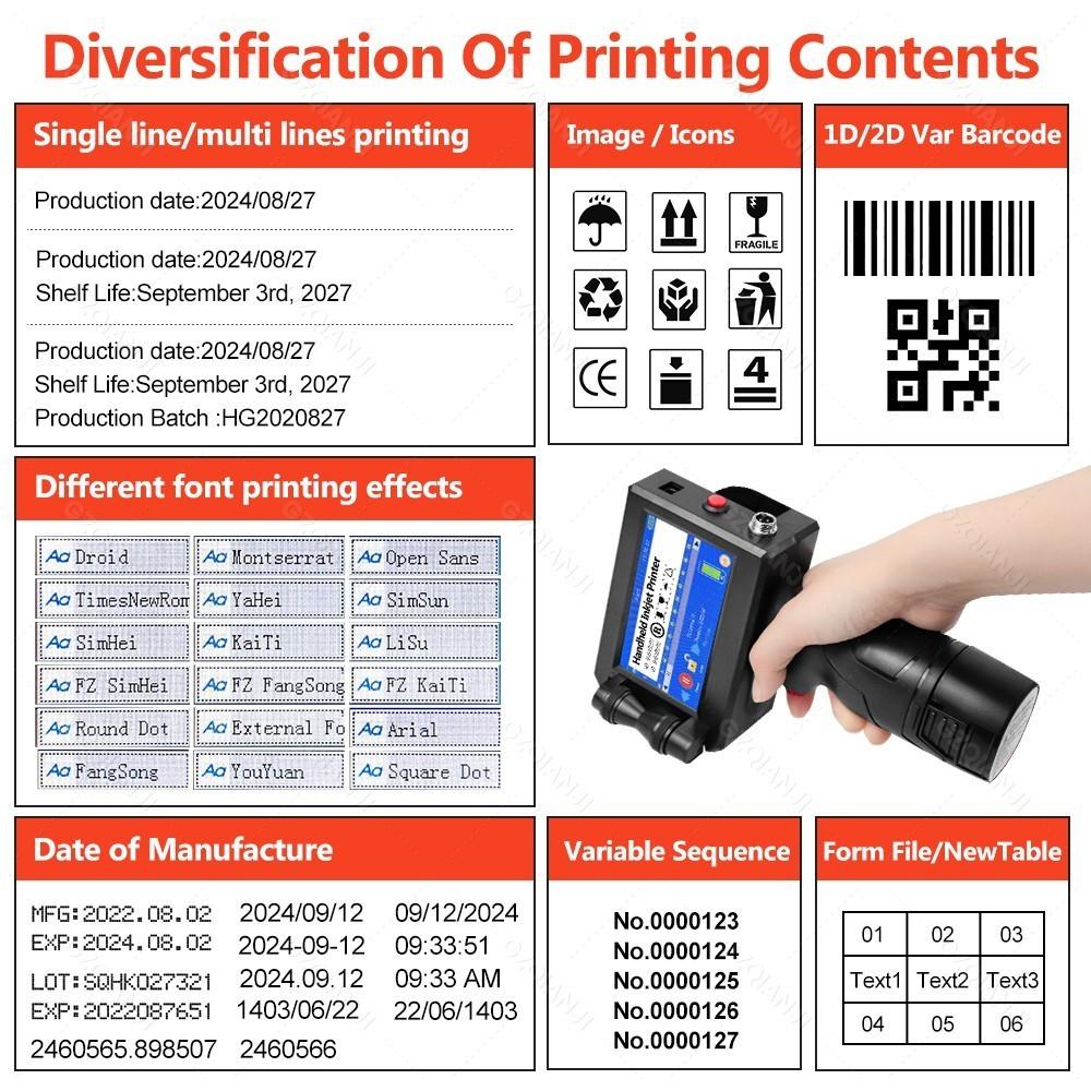 2-12.7mm Adjustable Printing Size Handheld Inkjet Printer 4.3inch Resistive Touch Color Screen Digital Automatic Coding Machine