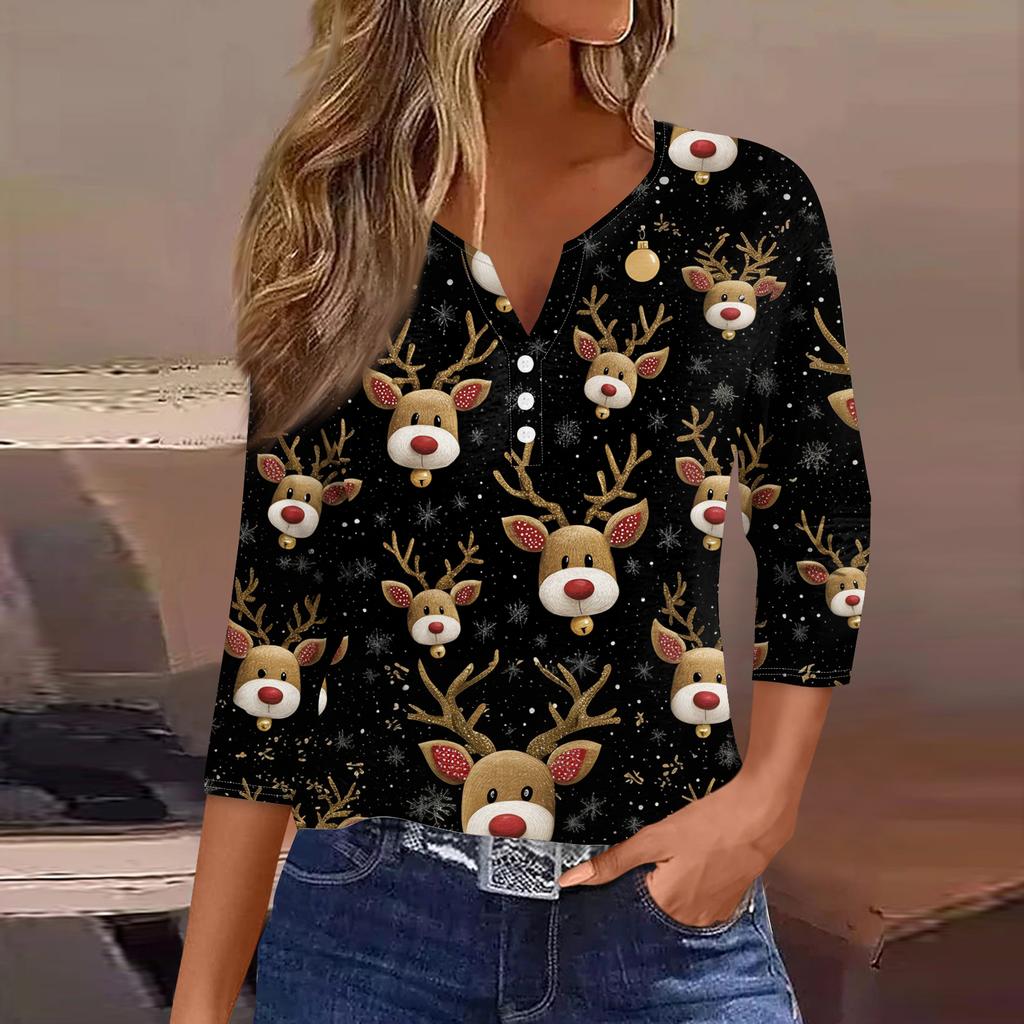 Damenmode Lässig Halloween Bedruckt V-Ausschnitt Kurzarm Zierknopf Dreiviertelarm T-Shirt Top