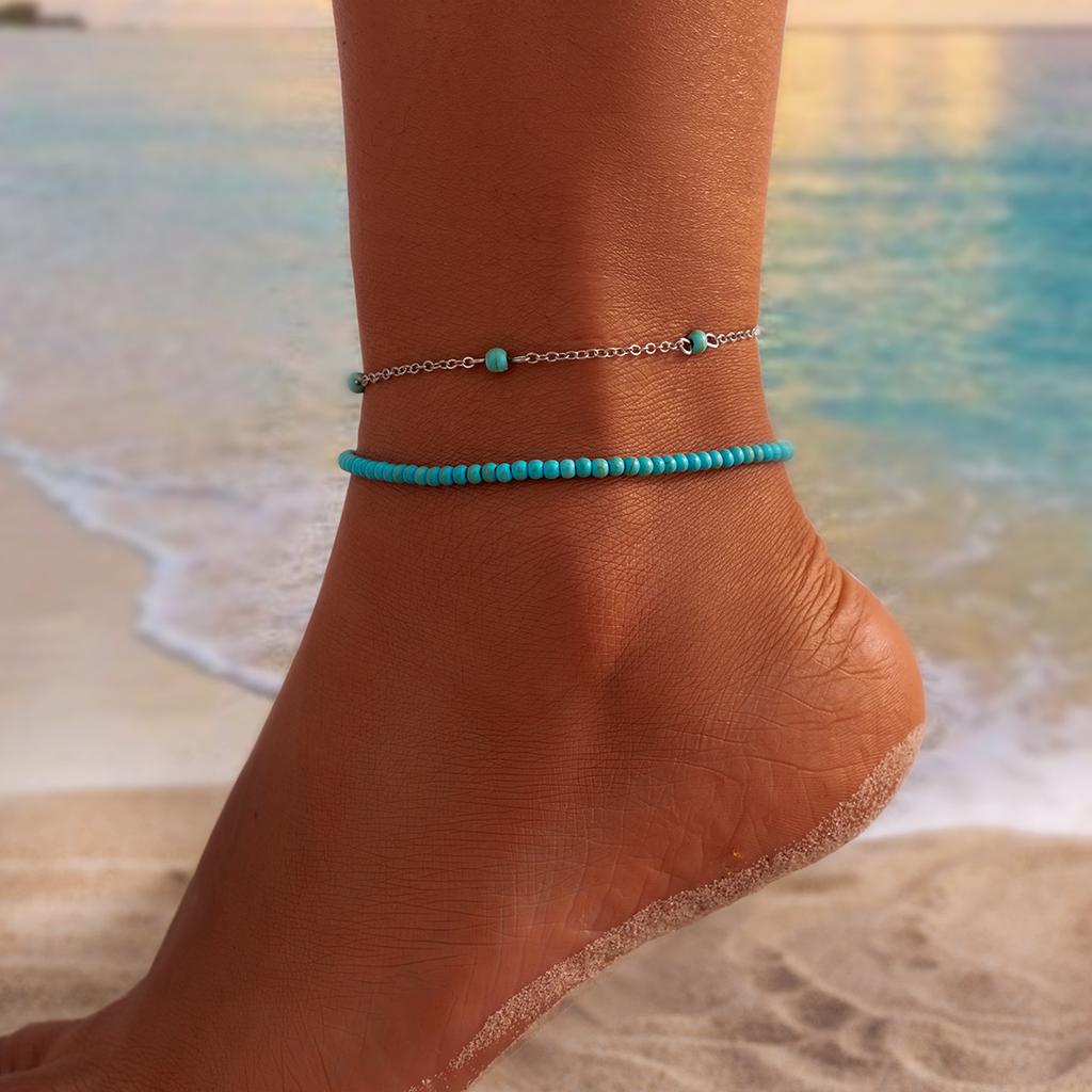 Summer Bohemian Multi-Layer Beaded Foot Decoration, Beach Style Casual Rice Bead Shell Anklet