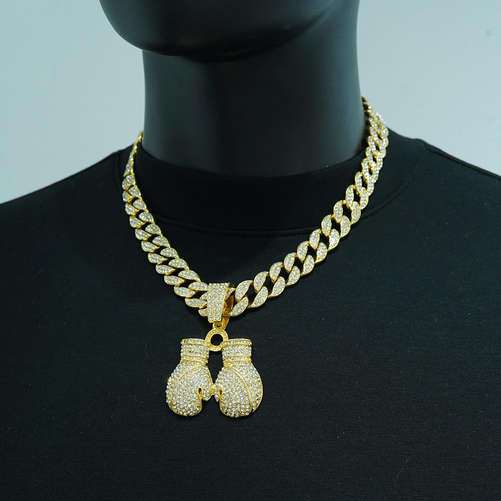 Guantoni da Boxe Hip Hop Full Diamond Ciondolo in Lega Collana Cuban Chain alla Moda Personalità Gioielli da Uomo