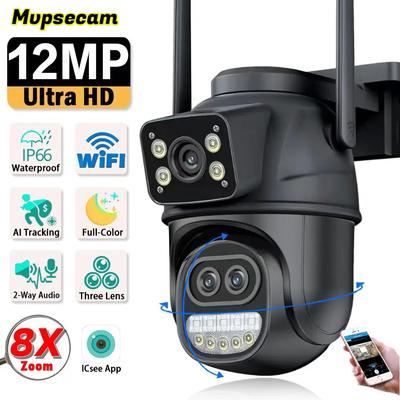 ICSEE Smarte WIFI Sicherheitskamera 12MP 8K Drei-Linsen PTZ 8-fach Zoom Außen 360 Drahtlos HD Videoüberwachung IP-Kameras Heim-CCTV