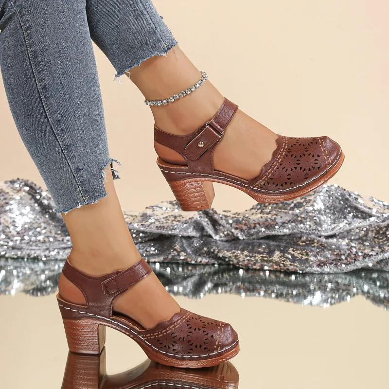 Fashion 2025 New Ladies Shoes Closed Toe Women's Sandals Fashion Hollow Out Summer Retro Casual Plus Size Best Seller Heeled Sandals