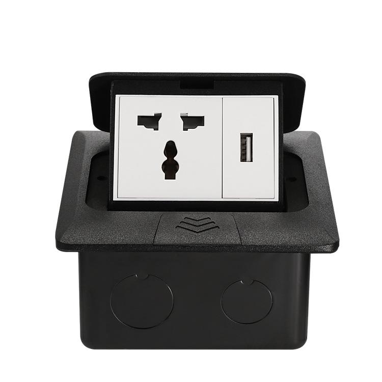 Black Pop-up Floor Socket with Universal Three-hole and USB Connectivity