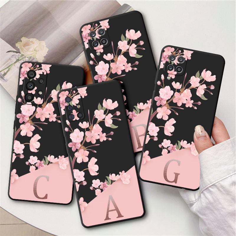 Husă cu litera A inițială cu flori roz pentru Samsung Galaxy A21s A72 A32 A52 A22 A13 A12 A33 A23 A71 A31 A51 A53 Husă mată moale din Tpu