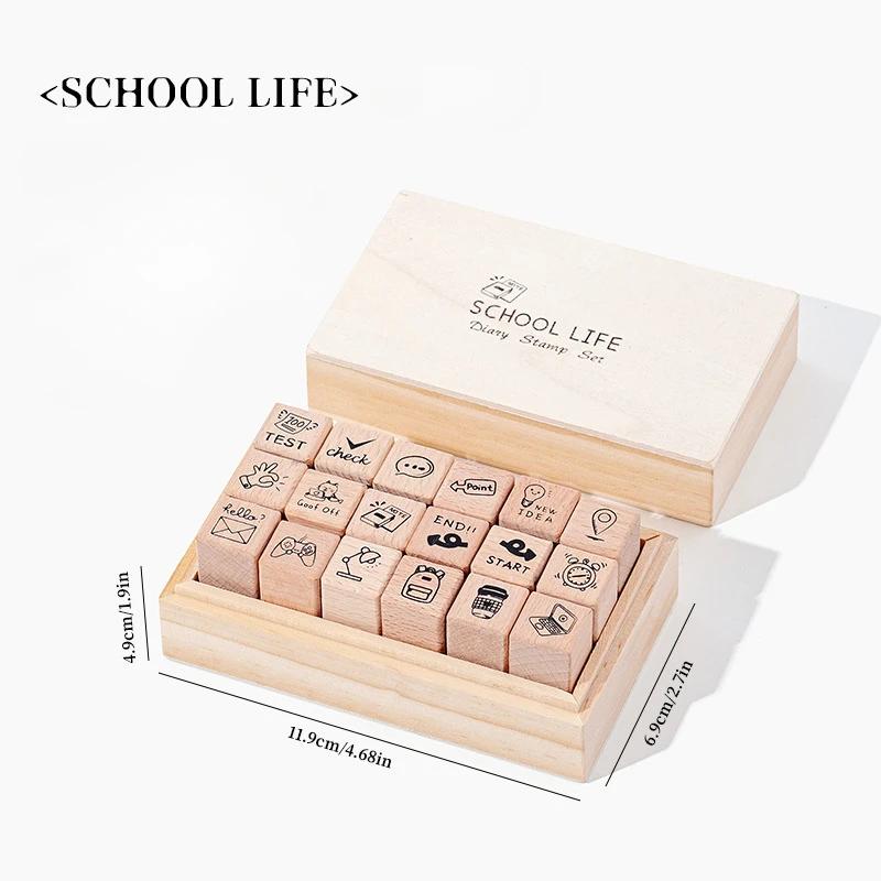 Daily Life 18 Pcs Wood Seal Set Box Diy Diary Decoration Material Stamp Wooden Box 4 Options Wooden Seal Gift