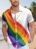 [Rainbow Striped Shirt] Men's Casual Short-Sleeve Shirt with a Rainbow-Colored Striped Pattern Featuring Curved Lines, Machine-Washable Men's Top,