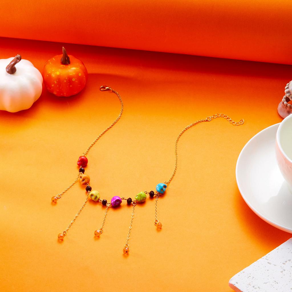 Halloween Pottery Pumpkin Ghost Witch Hat Fringed Alloy Pendant Necklace Skeleton Hand Spider Simple Necklace