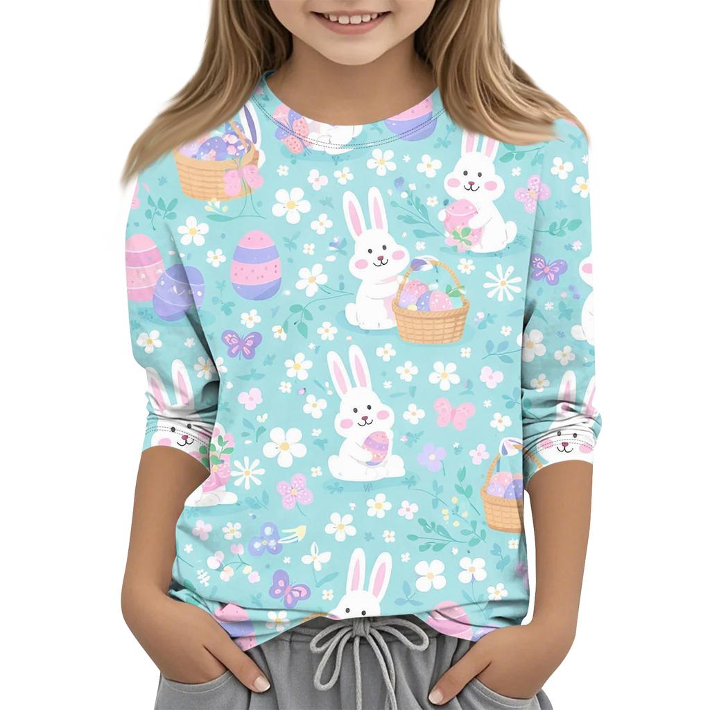Children's Easter Printed Round Neck Seven Quarter Sleeve Casual T-shirt