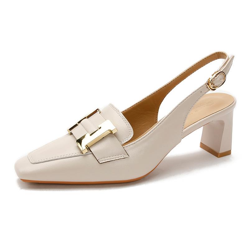 Baotou sandals women's square head one-word buckle high heels new leather thick heel empty single shoes