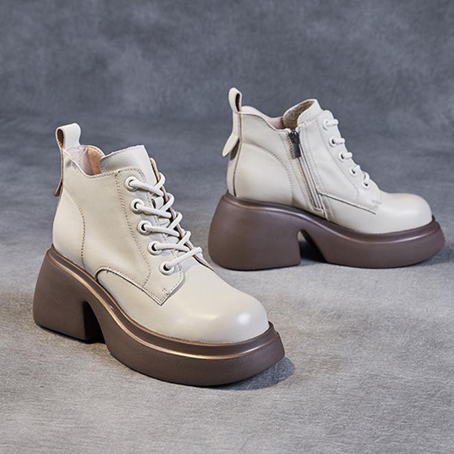 

2024 весенне-осенние новые кожаные ботинки на толстой подошве, женские модные короткие женские сапоги в стиле ретро, ​​увеличивающие рост 37 бежевый