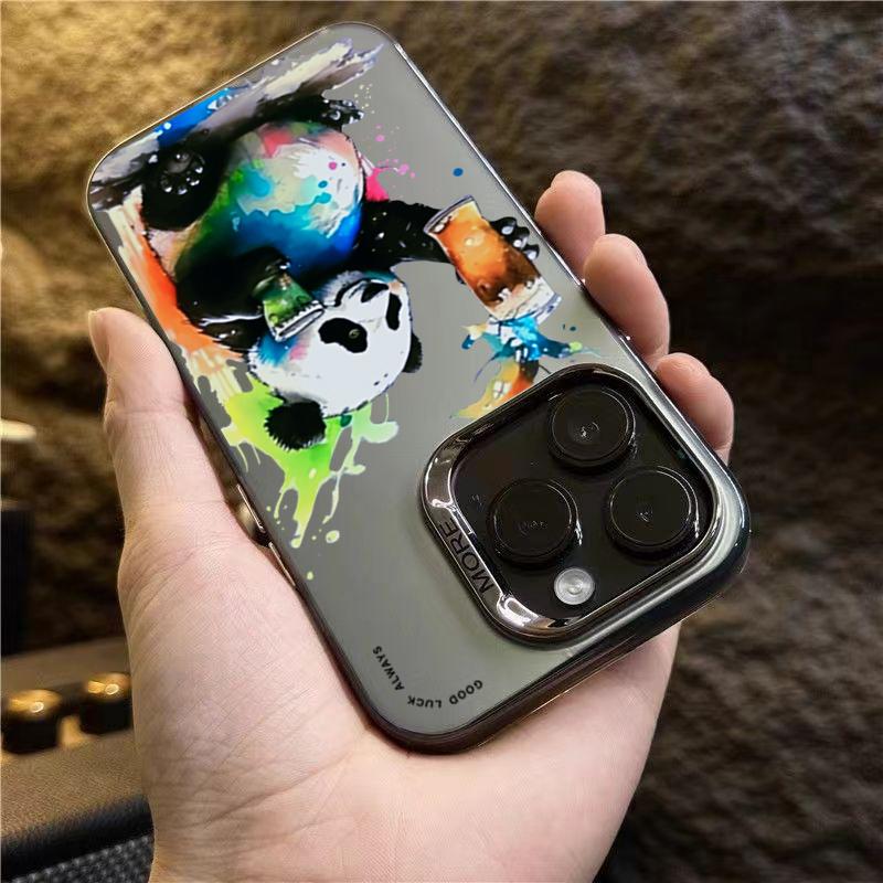 Cartoon Panda Cat Matte Hard Phone For 16 iPhone 11 12 13 14 15 Pro Max Plating Case Cover Funda