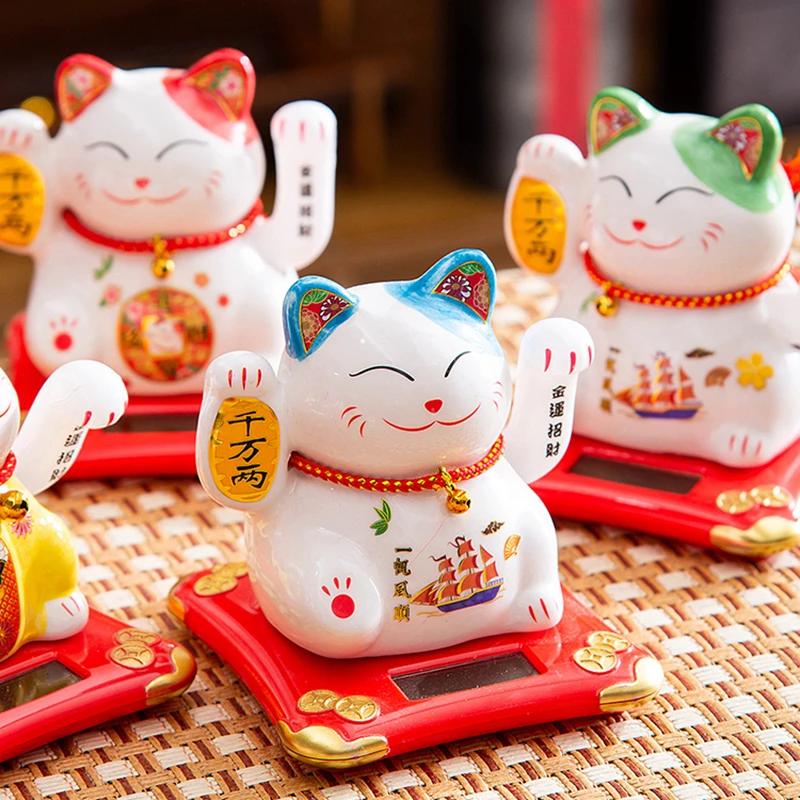 4.5 Inch Ceramic Beckoning Lucky Cat Solar Powered Fortune Cat Waving Arm Maneki Neko Gift Box Home Decoration Zen Centerpiece