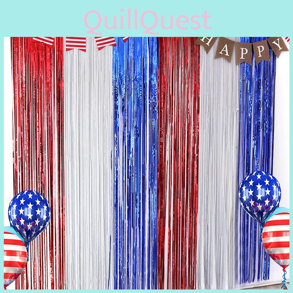 Festive Red Silver And Blue Foil Tinsel Curtain For Independence Day Celebration