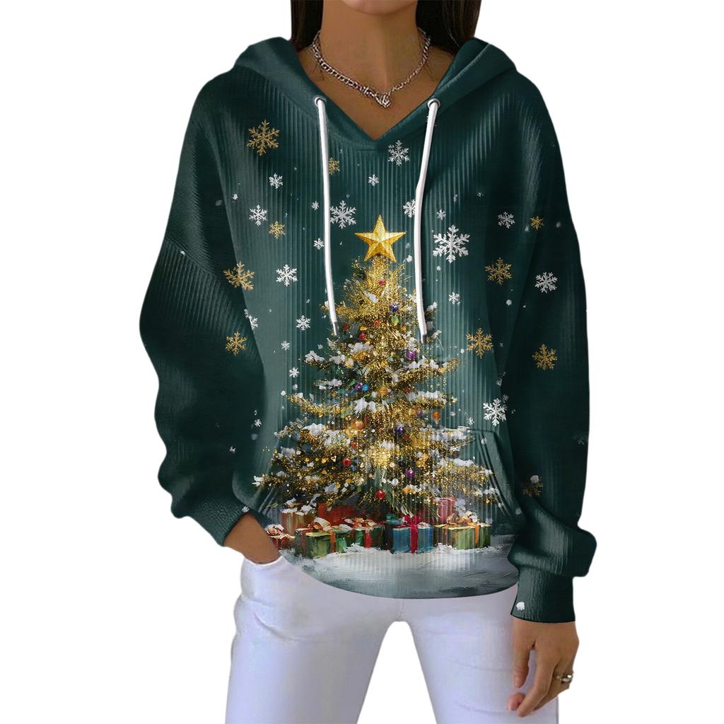 Women's Loose Comfortable Casual Fashion V-Neck Christmas Print Long Sleeve Hoodie