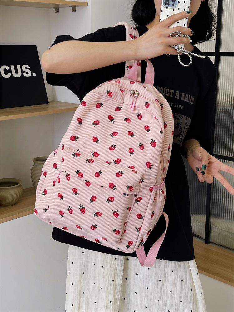 Stylish Corduroy Backpack for Girls – Cute Strawberry Design, Lightweight and Versatile for School or College