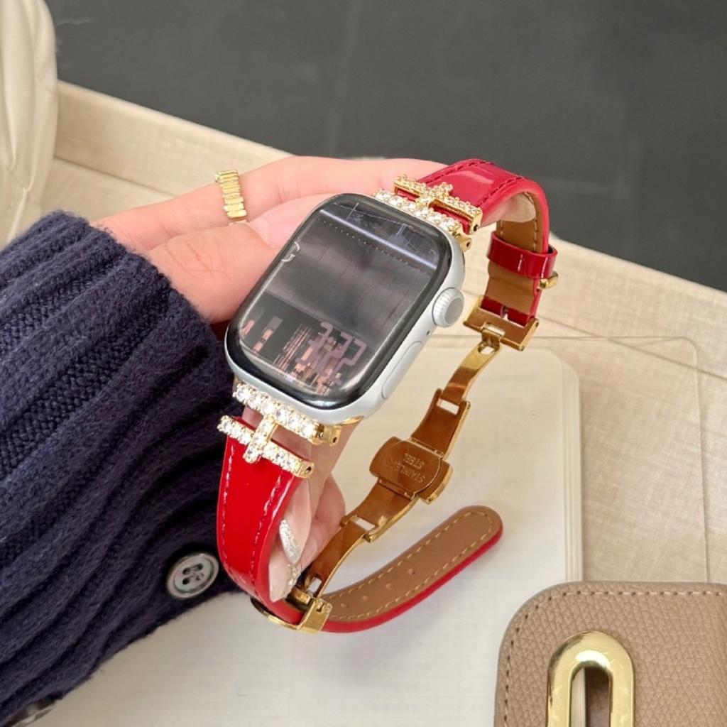 Luxury For Apple Watch Ultra 49mm Band H-Shaped Diamond Butterfly Buckle Leather Strap Suitable for iwatch Series 11/10/9/8/SE3 46/45/44/42/41/40/38mm