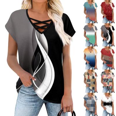 Damen Sommer Tops Kurzarm Shirts V-Ausschnitt T-Shirts Lockere Blusen Tees Lässige Tunika
