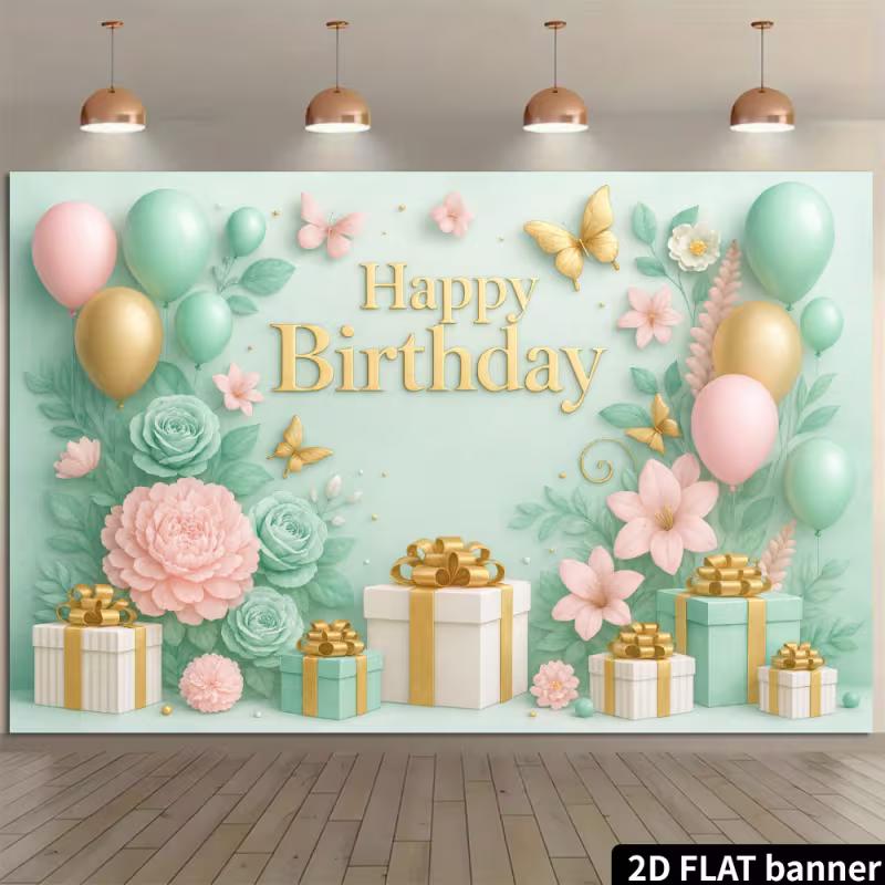 2D Mint Green & Pink Floral Happy Birthday Backdrop Banner Photography Background