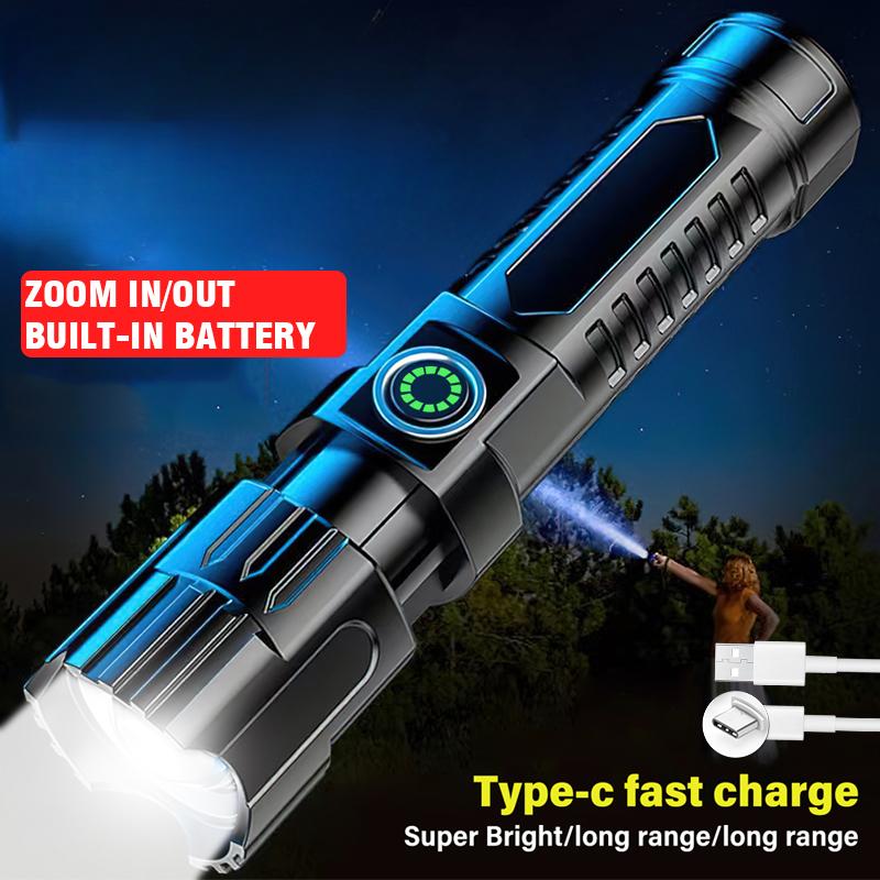 2000LM  USB Rechargeable Flashlight Telescopic Zoom Wide Beam Waterproof Torch Super Bright Emergency Flashlights